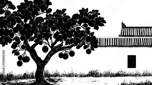 Fig tree laden with fruit in walled garden, Plant Vector Graphic