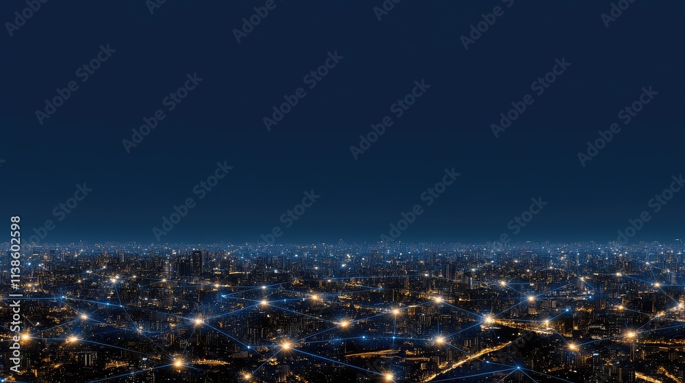 Obraz premium A vibrant city skyline illuminated by holographic lights against a blue night sky highlights advanced technology in urban settings