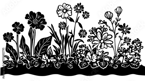 A garden bed filled with pollinator-attracting flowers near a vegetable garden, Plant Vector Graphic