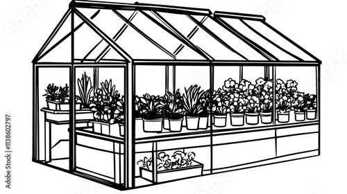 A fully operational greenhouse housing large quantities of flowering plants, Plant Vector Graphic