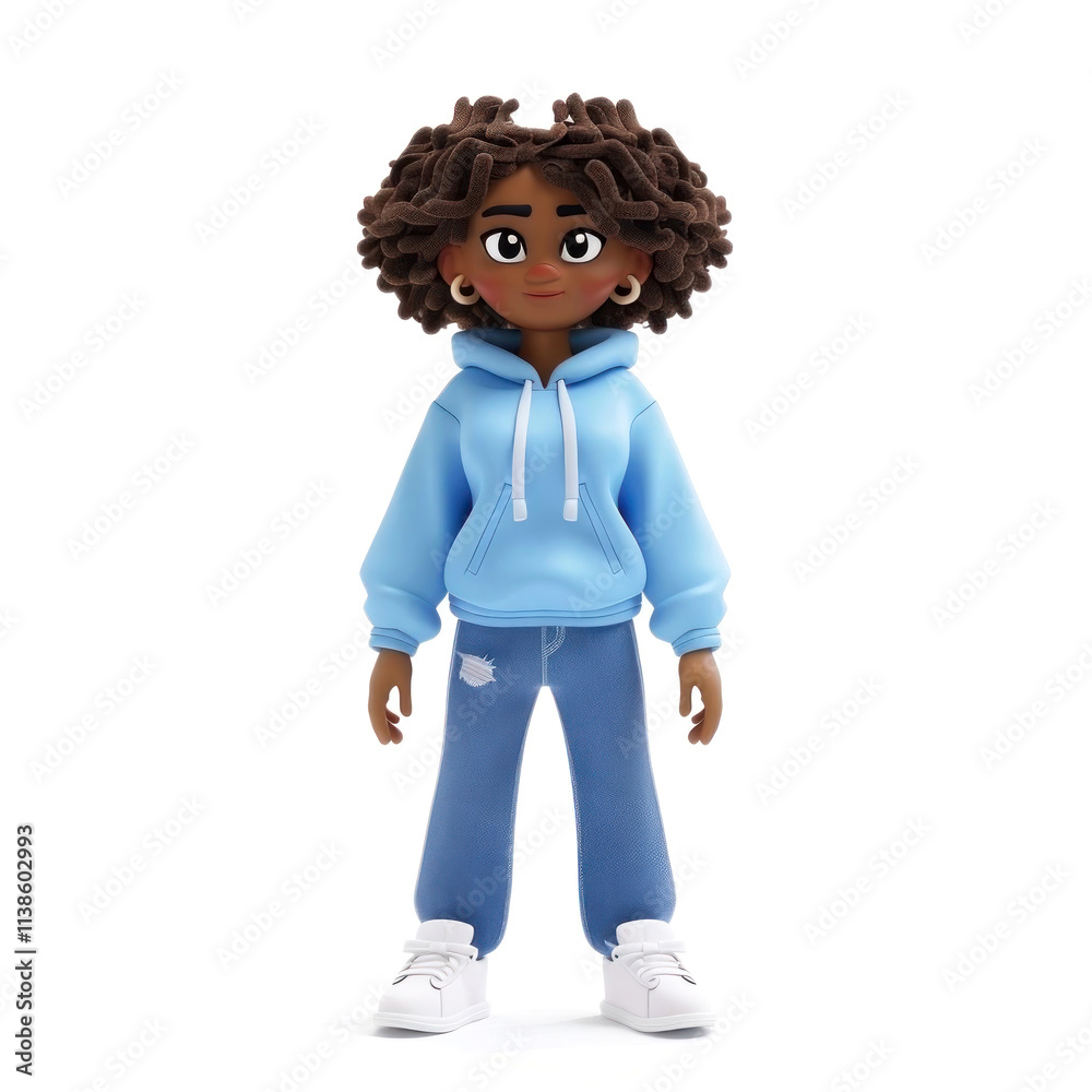 Charming 3D character in a blue hoodie and jeans, radiating joyful vibes and style Charming 3D character in a blue hoodie and jeans, radiating joyful vibes and style