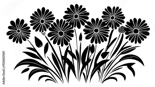 Gerbera daisies displayed in a structured bouquet with visible stems and leaves, Plant Vector Graphic