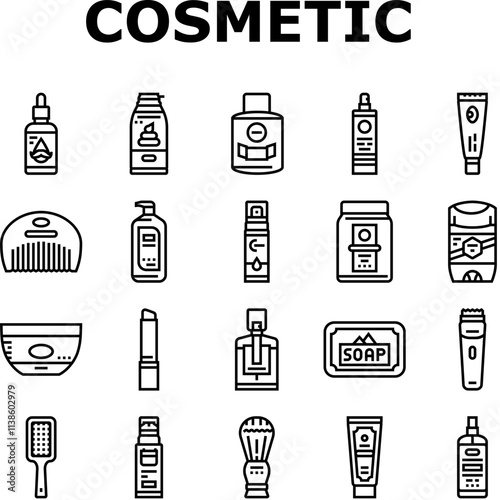 men cosmetic grooming skincare icons set vector. beard moisturizer, shaving cologne, fragrance, aftershave cleanser, exfoliant, toner men cosmetic grooming skincare black contour illustrations