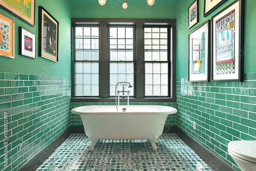 eclectic bathroom decor, a quirky bathroom features vibrant wallpaper, a classic clawfoot tub, intricate tiles, and framed art, combining playfulness and charm