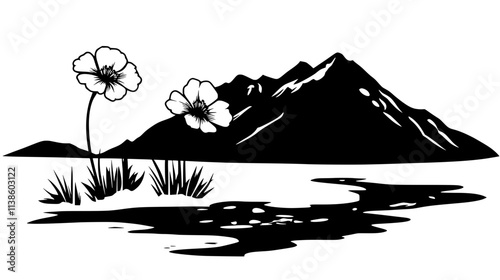 Glacier buttercup blooms peeking through melting snow patch, Plant Vector Graphic