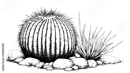 Golden barrel cactus with a ribbed, spherical shape in a rock garden, Plant Vector Graphic