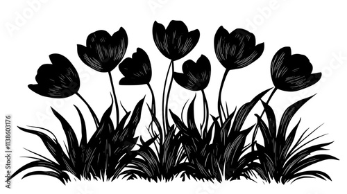 A group of fringed tulips planted together in a landscaped garden, Plant Vector Graphic