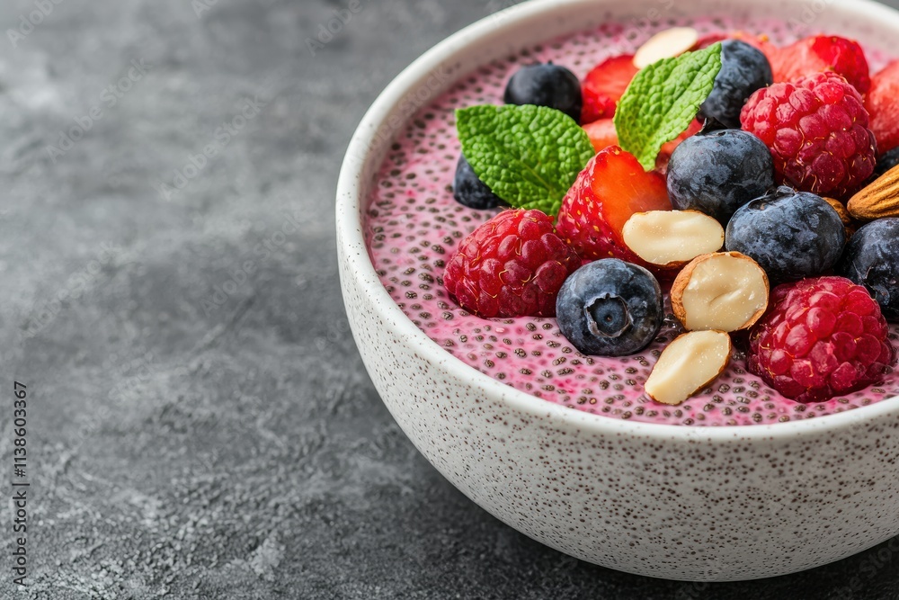 Bowl of chia pudding with berries and nuts creating a vibrant breakfast Bowl of chia pudding with berries and nuts creating a vibrant breakfast