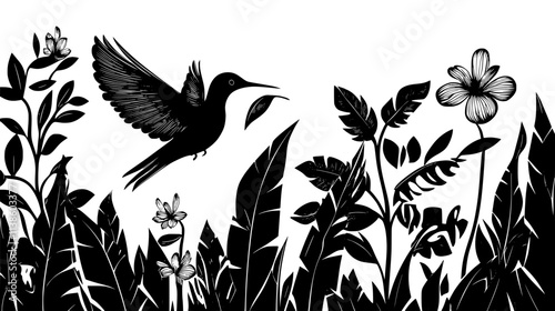 Heliconia flower attracting a hummingbird in a clearing, Plant Vector Graphic