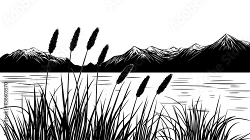 Horsetail reeds lining the shore of a glacial lake, Plant Vector Graphic