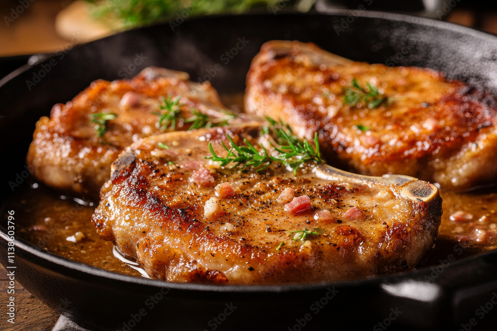 Grilled pork chops with potatoes and vegetables on a plate ready for a delicious dinner Grilled pork chops with potatoes and vegetables on a plate ready for a delicious dinner