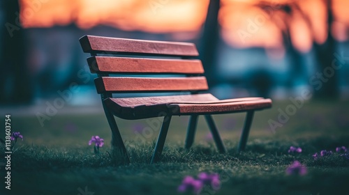 Amidst a verdant park, splendid purple iris flowers flourish, encircled by charming wooden benches, under a picturesque spring sky, with ample room to spare.