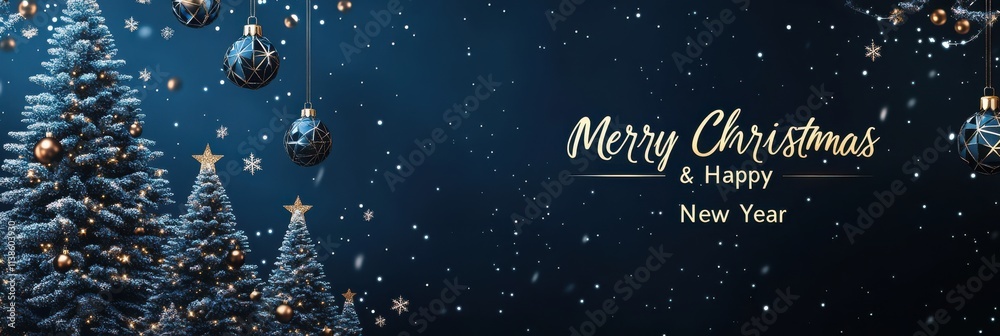 Fototapeta premium Elegant Christmas and New Year greeting card with gold ornaments and snowflakes on a dark blue background