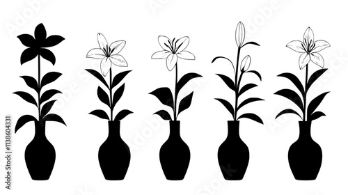 Lilies organized in a neat row of vases, standing upright with visible stems, Plant Vector Graphic