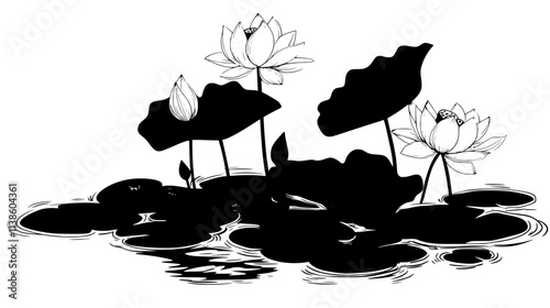 Lotus flowers and leaves rising from a muddy pond, Plant Vector Graphic