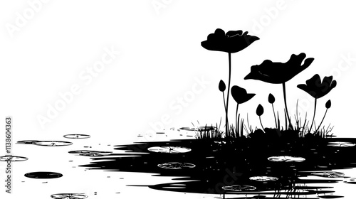 A lotus flower growing on the surface of a calm pond with visible stems below, Plant Vector Graphic