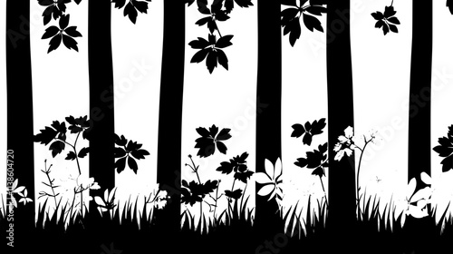 Pachysandra covering the forest floor beneath tall trees, Plant Vector Graphic