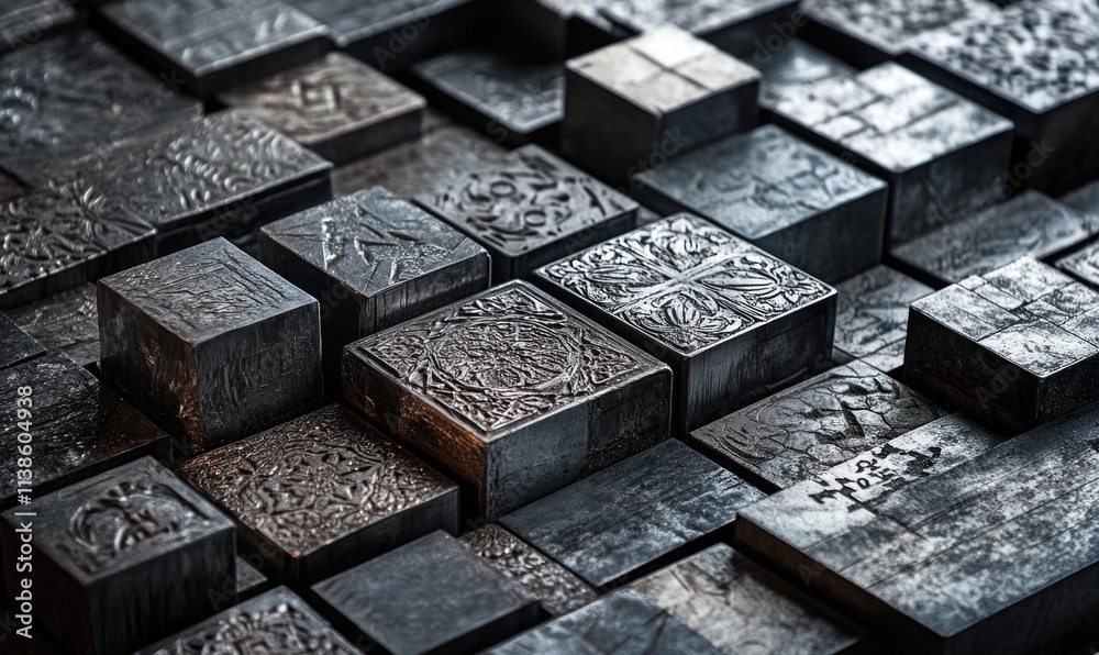 A collection of black metal squares with various designs A collection of black metal squares with various designs