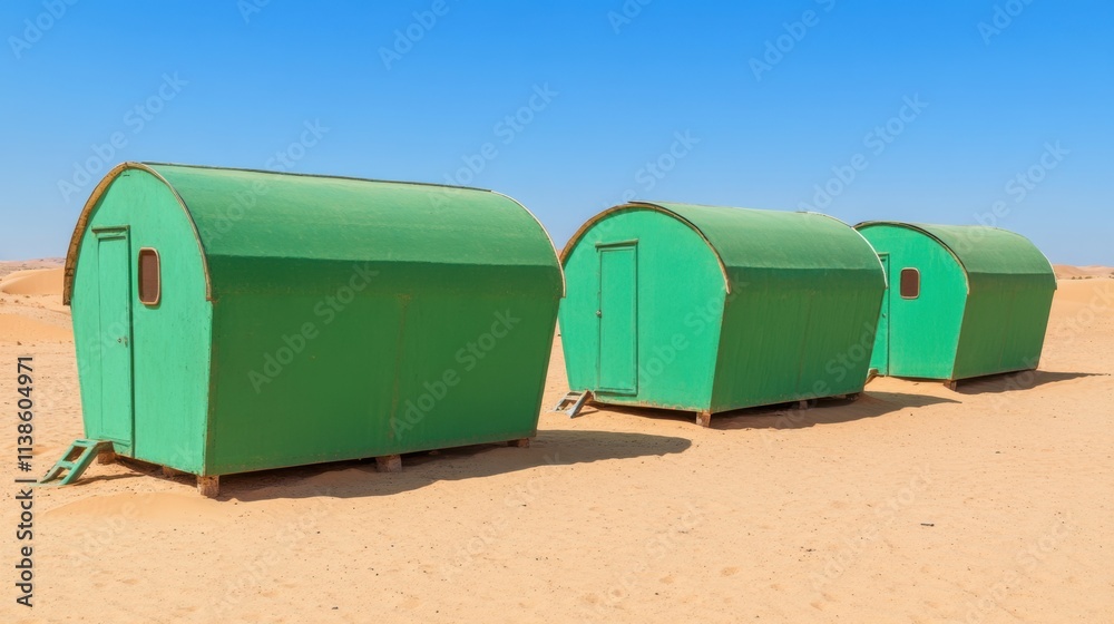 Green Portable Shelters in Desert Landscape Under Clear Blue Sky Green Portable Shelters in Desert Landscape Under Clear Blue Sky