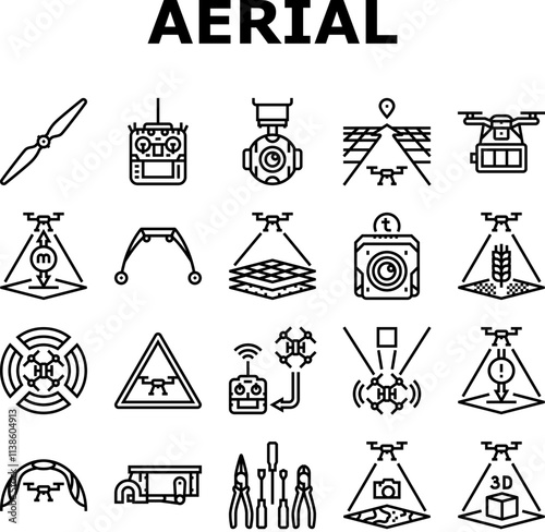 unmanned aerial vehicle drone uav icons set vector. quadcopter surveillance, reconnaissance mapping, delivery inspection, agriculture unmanned aerial vehicle drone uav black contour illustrations