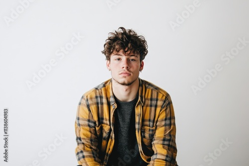 Casual Portrait of a Young Man with Curly Hair in a Yellow Flannel Shirt