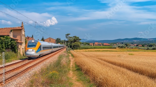 A high-speed train zooming past a small countryside village, with quiet streets and farmers tending to their land under a bright, clear sky