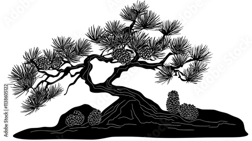 Pine bonsai with needles and cones on a rock slab, Plant Vector Graphic
