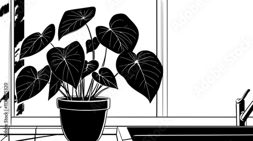 A potted anthurium positioned on a kitchen counter under artificial light, Plant Vector Graphic