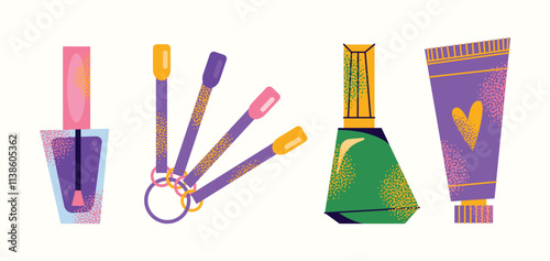 Nail care tools set manicure accessories hands with polished nails. Colorful flat illustration of nail scissors, polish bottles, cuticle nippers, files. Nail care and beauty concept