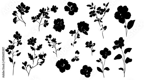 A pressed flower art piece with individual blossoms arranged flat on a white background, Plant Vector Graphic