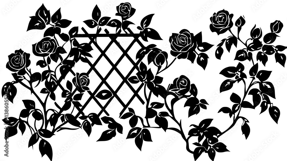 Roses climbing along a trellis in a landscaped garden area, Plant Vector Graphic