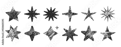 Set of chalk doodle stars. Grunge yellow stars with crayon texture. Hand drawing shape in kid sketch style on transparent background.