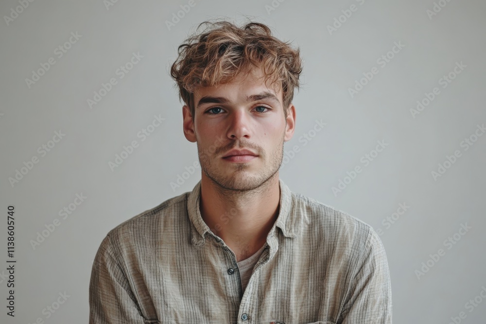 Portrait of a Young Man with Stylish Hair in a Minimalist Setting Portrait of a Young Man with Stylish Hair in a Minimalist Setting