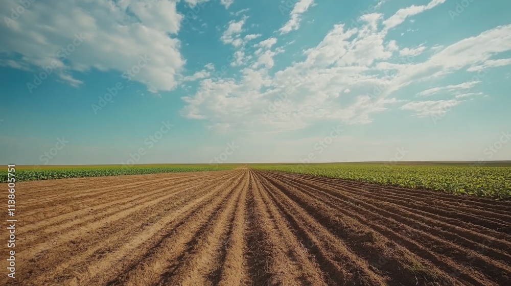 Expansive Agricultural Fields Under Bright Sky and Fluffy Clouds