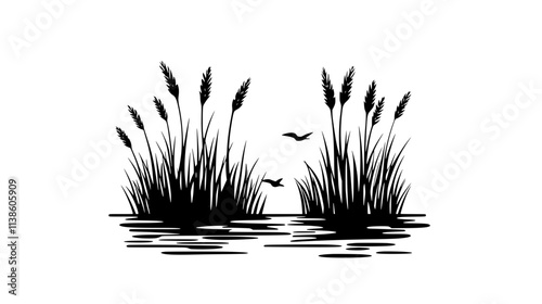 Rushes growing in shallow water at the edge of a lake, Plant Vector Graphic