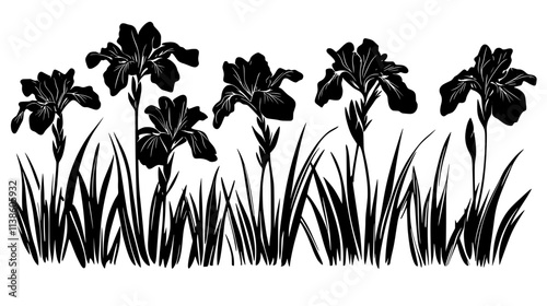 Row of Siberian irises growing along a garden pathway, Plant Vector Graphic