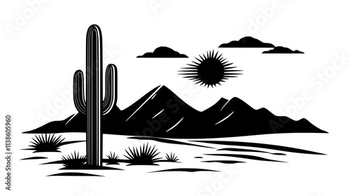 Saguaro cactus standing tall against a stark desert landscape, Plant Vector Graphic