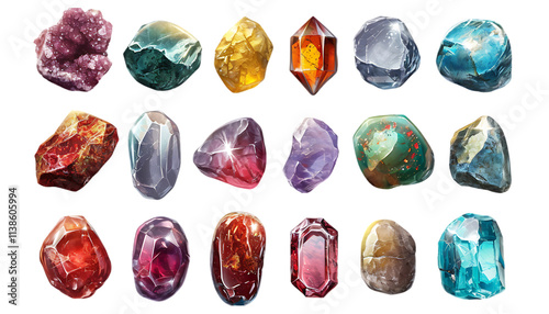 A collection of watercolor crystals, gemstones, and mineral stones in various shapes and hues. Transparent PNG.