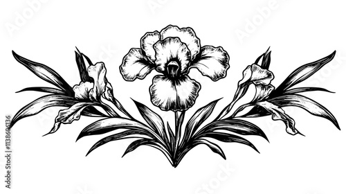 Single bearded iris bloom placed in a decorative floral arrangement, Plant Vector Graphic