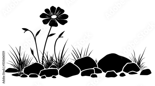 Single flower growing in a rocky area surrounded by grass and stones, Plant Vector Graphic