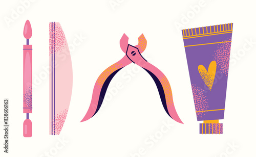 Nail care tools set manicure accessories hands with polished nails. Colorful flat illustration of nail scissors, polish bottles, cuticle nippers, files. Nail care and beauty concept
