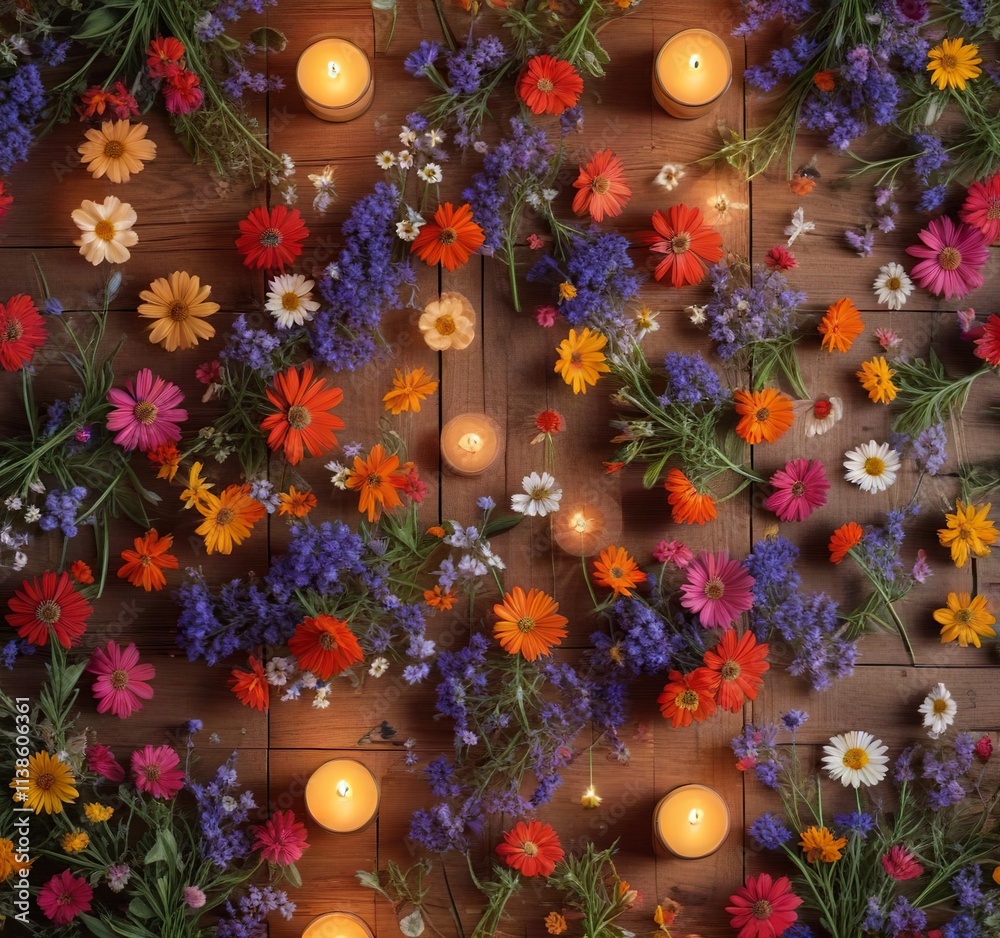 Fototapeta premium Wildflowers arranged in a beautiful pattern on a wooden table with a few candles lit, table, wildflowers, inviting