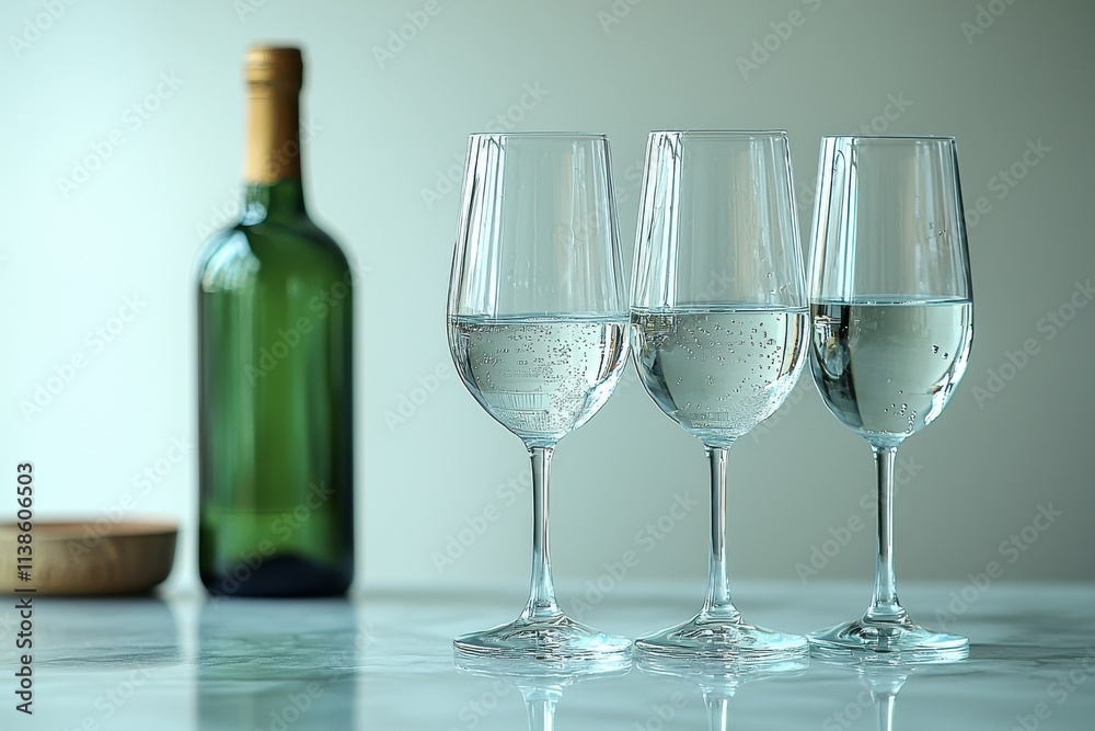 Three wine glasses filled with water and a green wine bottle Three wine glasses filled with water and a green wine bottle
