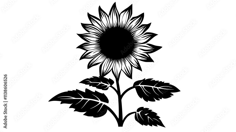 Fototapeta premium Sunflower viewed from behind, showing green bracts and stem, Plant Vector Graphic