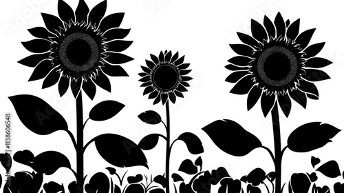 Sunflower plants with large flower heads in a field, Plant Vector Graphic