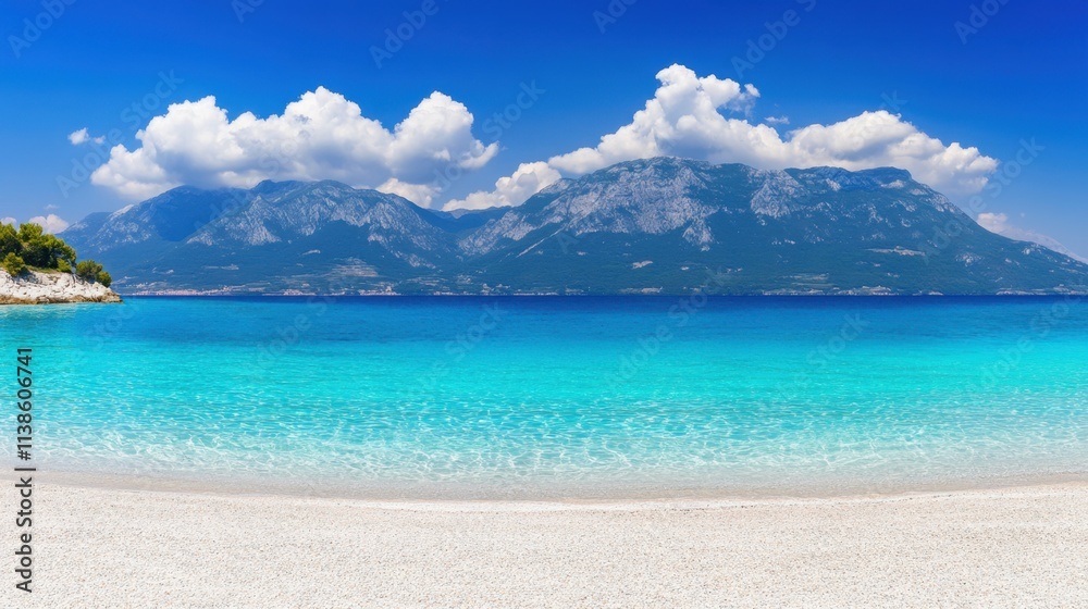 Serene Beach with Clear Turquoise Water and Dramatic Mountain Background Serene Beach with Clear Turquoise Water and Dramatic Mountain Background