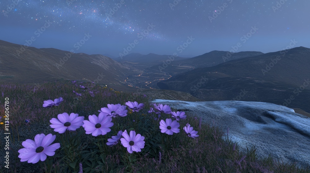 Obraz premium In a realm of enchantment, a cosmic field bursts into bloom with flowers, its beauty mirrored in the reflection of a magical galaxy.