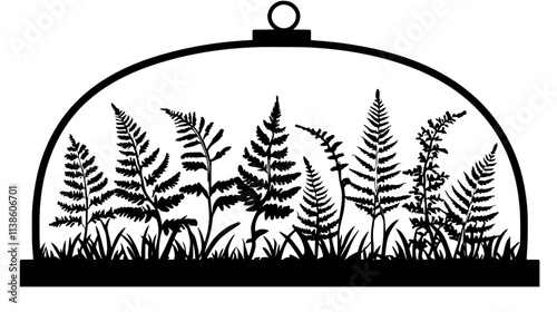 Terrarium with miniature ferns under a glass cloche, Plant Vector Graphic