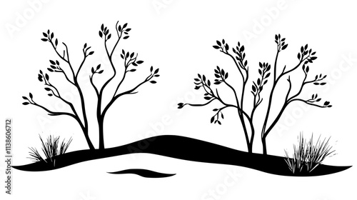 Tamarisk shrubs near a salt lake in a desert, Plant Vector Graphic