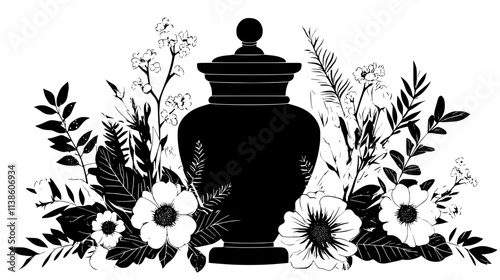 Urn surrounded by a floral arrangement on a memorial table, Plant Vector Graphic